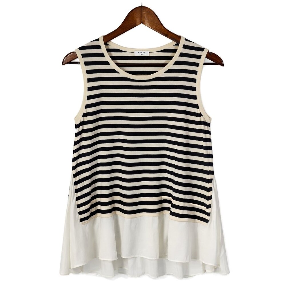 Akris Punto Sleeveless Stripe Peplum Top Navy White Cotton Size 4 Flaw